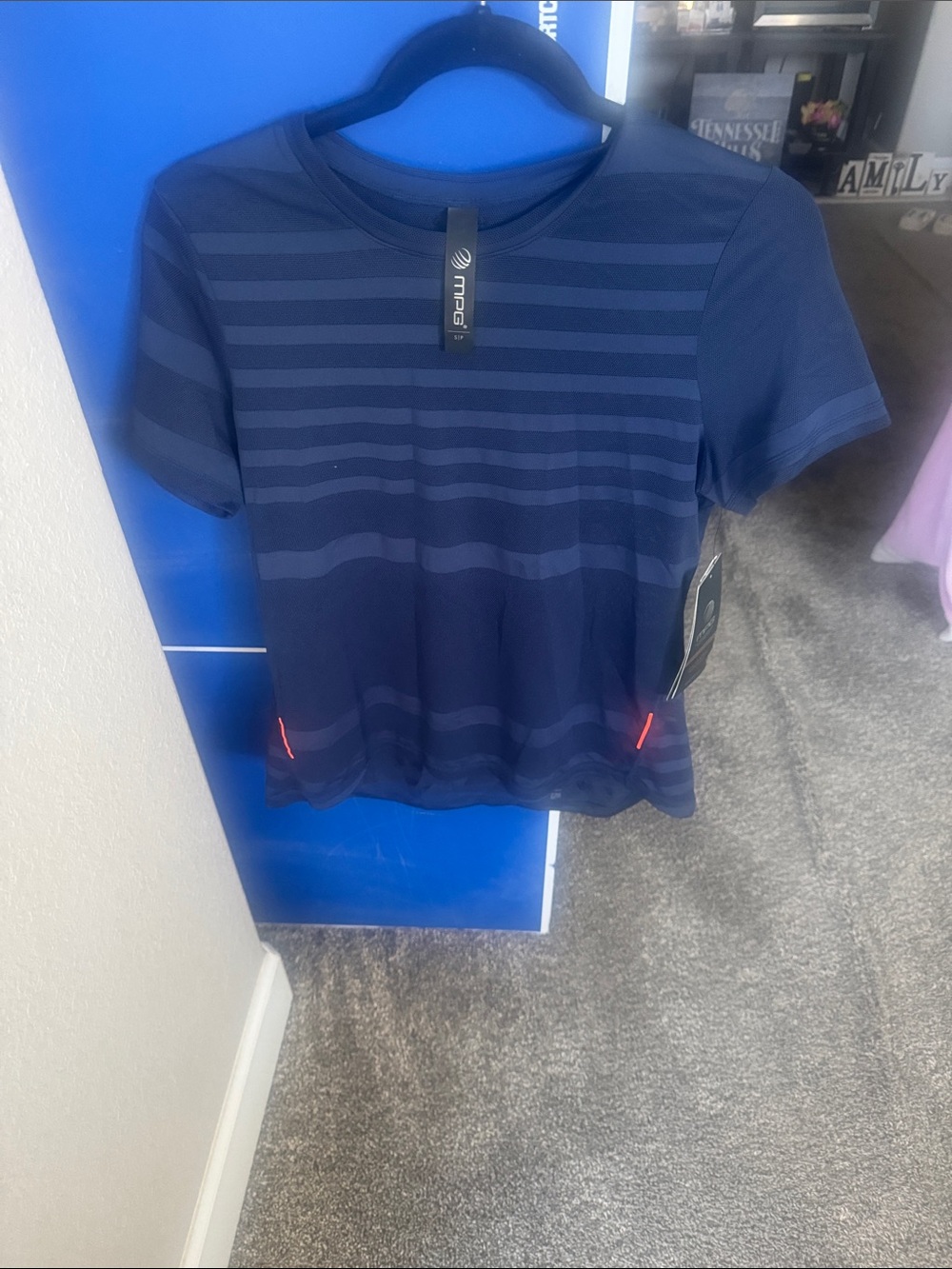 MPG Navy Striped Short-Sleeve Athletic Tee with Red Accents